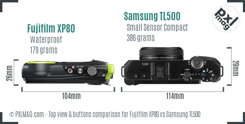 Fujifilm XP80 vs Samsung TL500 top view buttons comparison