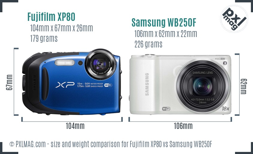 Fujifilm XP80 vs Samsung WB250F size comparison Fujifilm XP80 vs Samsung WB250F size comparison