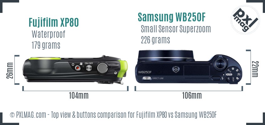 Fujifilm XP80 vs Samsung WB250F top view buttons comparison
