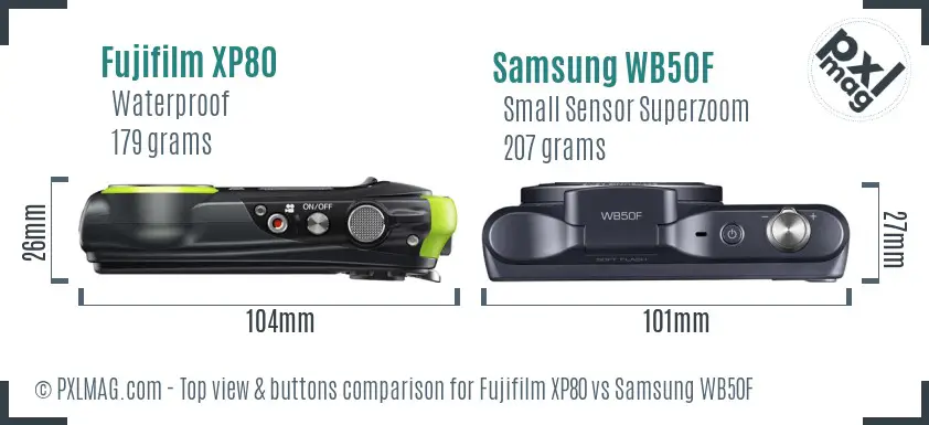 Fujifilm XP80 vs Samsung WB50F top view buttons comparison Fujifilm XP80 vs Samsung WB50F top view buttons comparison