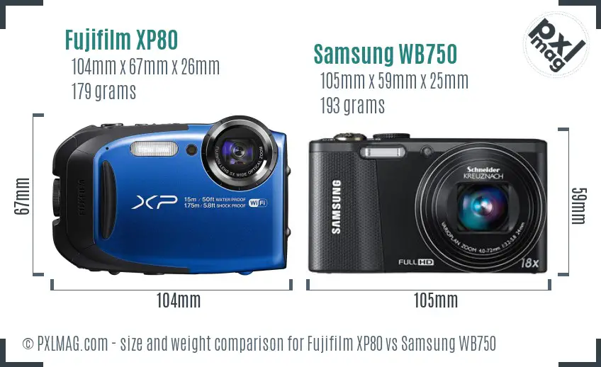 Fujifilm XP80 vs Samsung WB750 size comparison