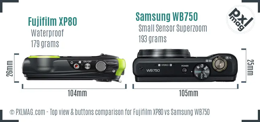Fujifilm XP80 vs Samsung WB750 top view buttons comparison
