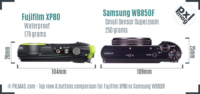 Fujifilm XP80 vs Samsung WB850F top view buttons comparison