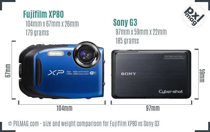 Fujifilm XP80 vs Sony G3 size comparison