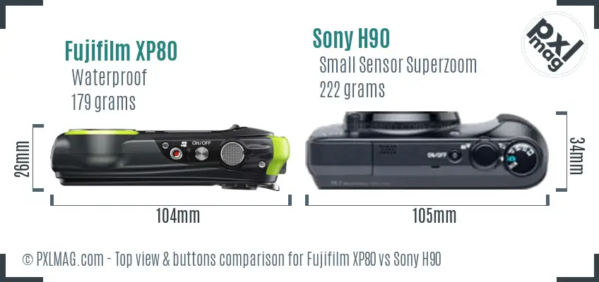 Fujifilm XP80 vs Sony H90 top view buttons comparison