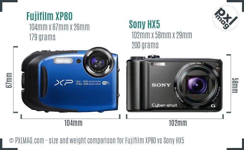 Fujifilm XP80 vs Sony HX5 size comparison