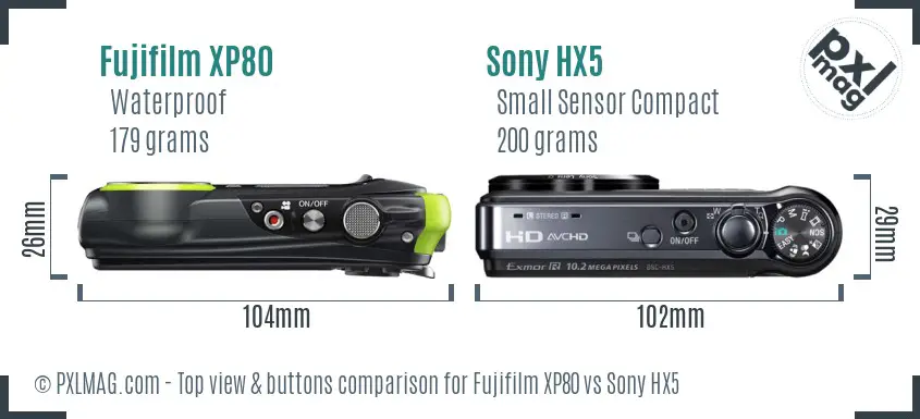 Fujifilm XP80 vs Sony HX5 top view buttons comparison