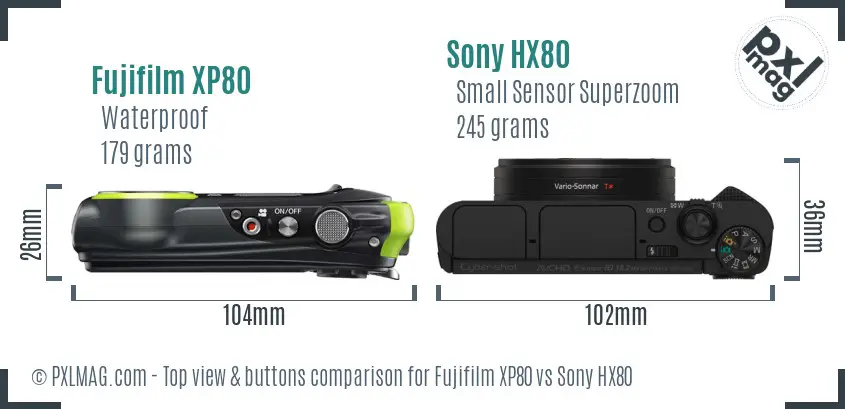 Fujifilm XP80 vs Sony HX80 top view buttons comparison Fujifilm XP80 vs Sony HX80 top view buttons comparison