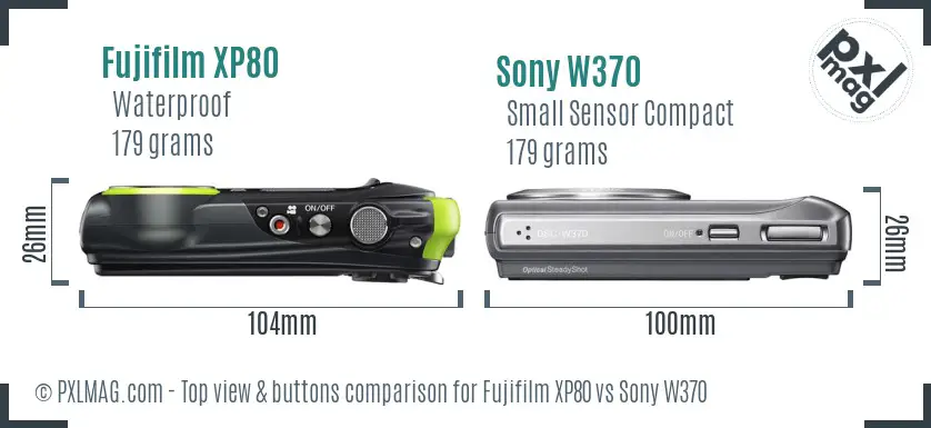 Fujifilm XP80 vs Sony W370 top view buttons comparison Fujifilm XP80 vs Sony W370 top view buttons comparison