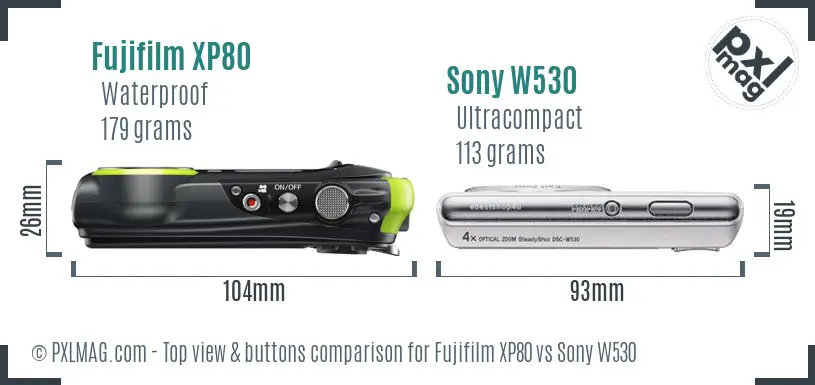 Fujifilm XP80 vs Sony W530 top view buttons comparison