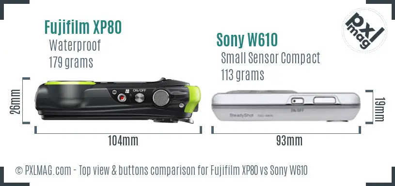 Fujifilm XP80 vs Sony W610 top view buttons comparison Fujifilm XP80 vs Sony W610 top view buttons comparison