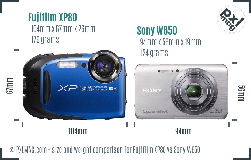Fujifilm XP80 vs Sony W650 size comparison