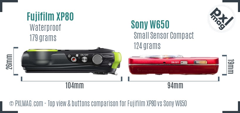 Fujifilm XP80 vs Sony W650 top view buttons comparison