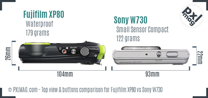 Fujifilm XP80 vs Sony W730 top view buttons comparison