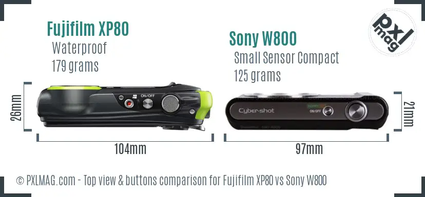 Fujifilm XP80 vs Sony W800 top view buttons comparison Fujifilm XP80 vs Sony W800 top view buttons comparison