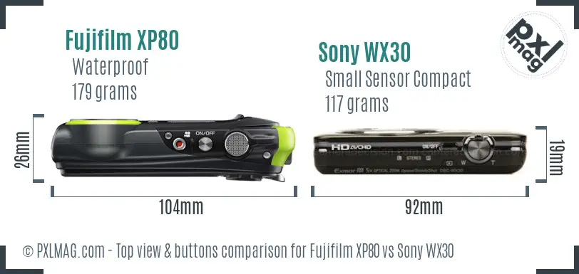 Fujifilm XP80 vs Sony WX30 top view buttons comparison