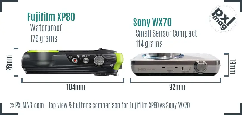 Fujifilm XP80 vs Sony WX70 top view buttons comparison