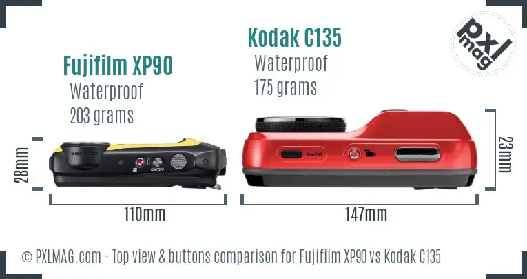 Fujifilm XP90 vs Kodak C135 top view buttons comparison Fujifilm XP90 vs Kodak C135 top view buttons comparison