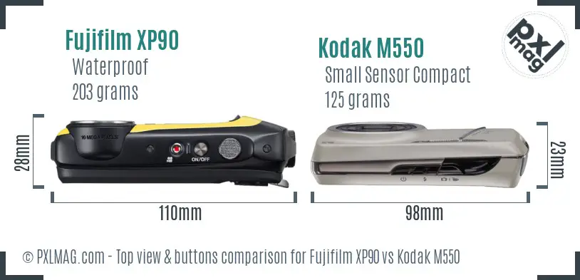 Fujifilm XP90 vs Kodak M550 top view buttons comparison Fujifilm XP90 vs Kodak M550 top view buttons comparison