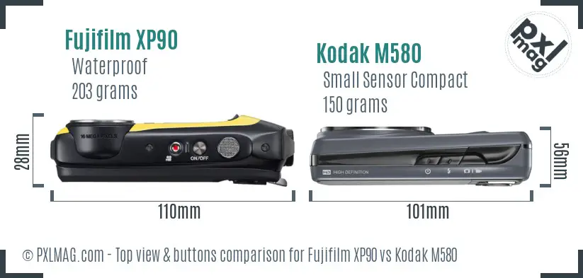 Fujifilm XP90 vs Kodak M580 top view buttons comparison