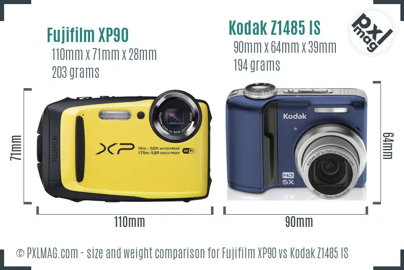 Fujifilm XP90 vs Kodak Z1485 IS size comparison