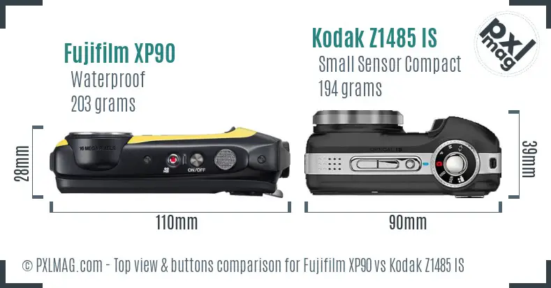 Fujifilm XP90 vs Kodak Z1485 IS top view buttons comparison