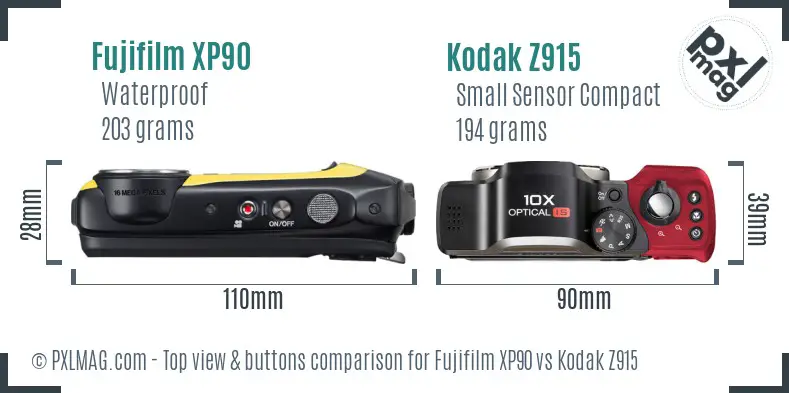 Fujifilm XP90 vs Kodak Z915 top view buttons comparison