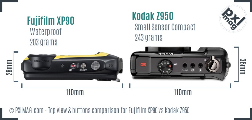 Fujifilm XP90 vs Kodak Z950 top view buttons comparison