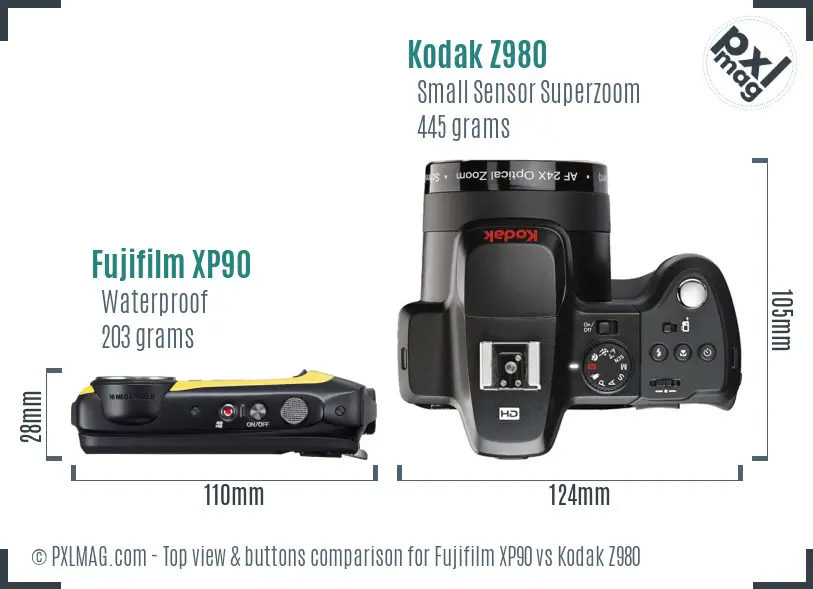 Fujifilm XP90 vs Kodak Z980 top view buttons comparison