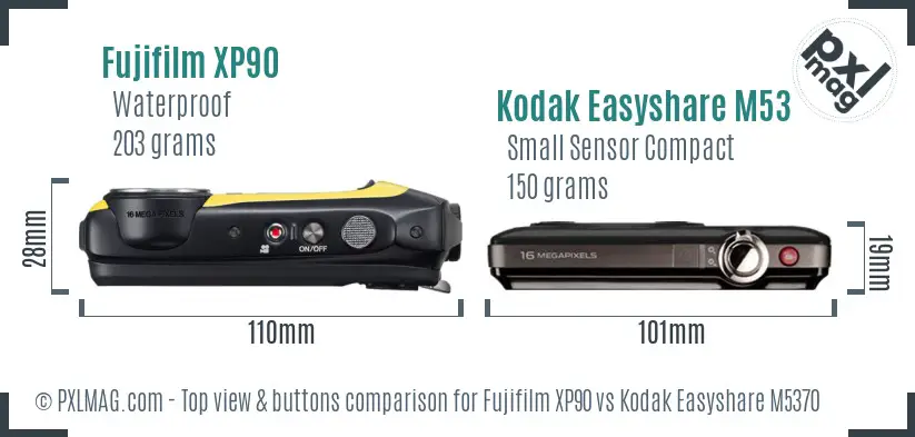 Fujifilm XP90 vs Kodak Easyshare M5370 top view buttons comparison