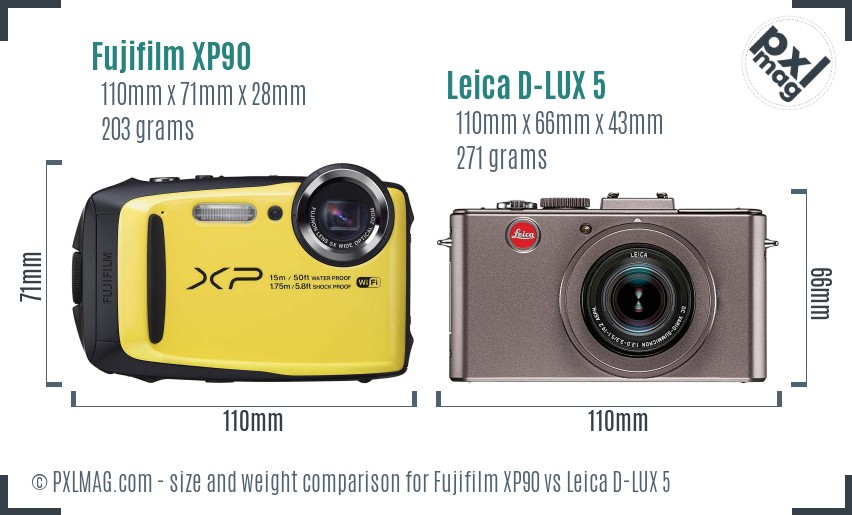 Fujifilm XP90 vs Leica D-LUX 5 size comparison
