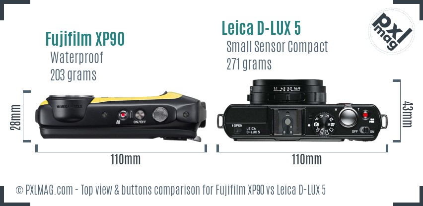 Fujifilm XP90 vs Leica D-LUX 5 top view buttons comparison