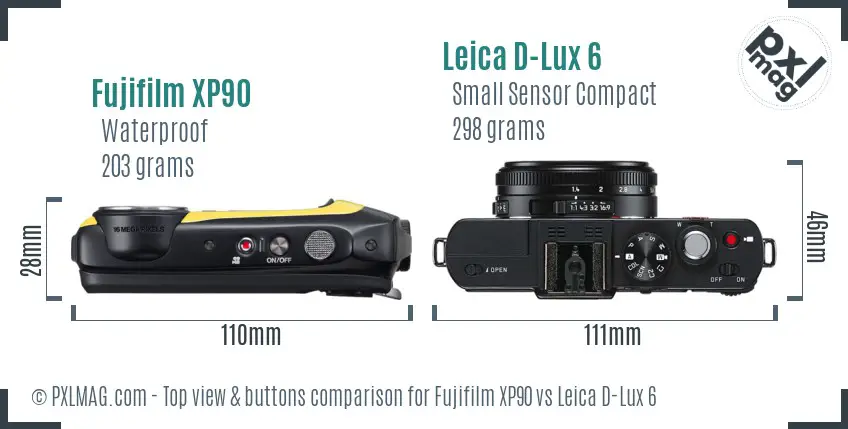 Fujifilm XP90 vs Leica D-Lux 6 top view buttons comparison