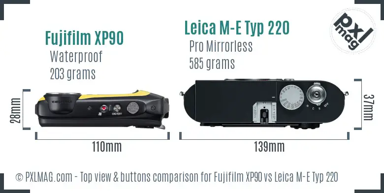 Fujifilm XP90 vs Leica M-E Typ 220 top view buttons comparison