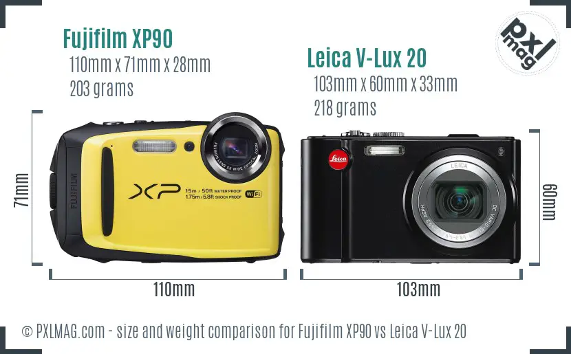 Fujifilm XP90 vs Leica V-Lux 20 size comparison