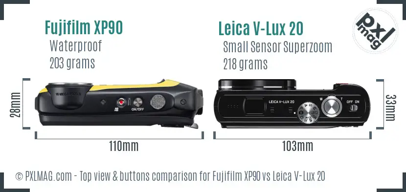 Fujifilm XP90 vs Leica V-Lux 20 top view buttons comparison
