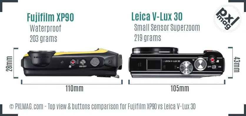 Fujifilm XP90 vs Leica V-Lux 30 top view buttons comparison