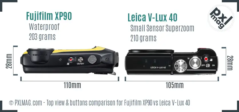 Fujifilm XP90 vs Leica V-Lux 40 top view buttons comparison
