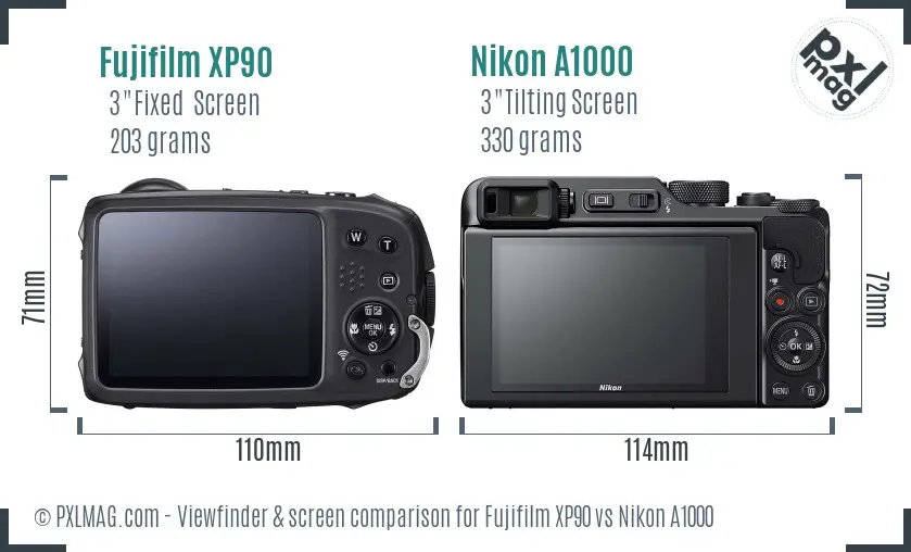 Fujifilm XP90 vs Nikon A1000 Screen and Viewfinder comparison