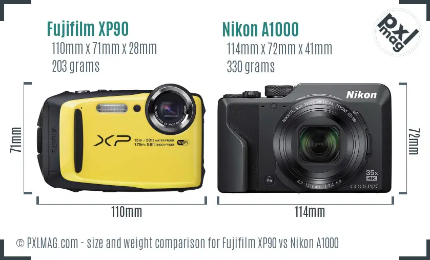 Fujifilm XP90 vs Nikon A1000 size comparison