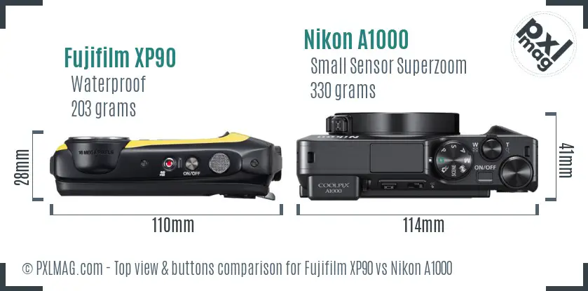 Fujifilm XP90 vs Nikon A1000 top view buttons comparison