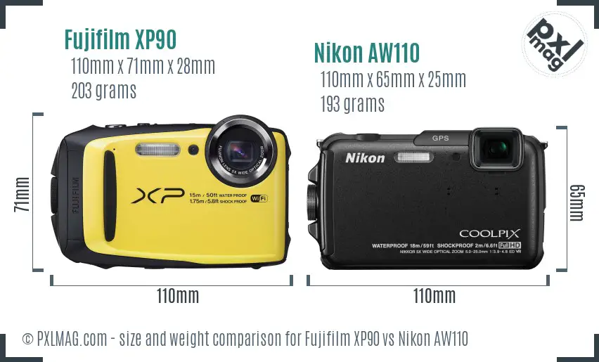 Fujifilm XP90 vs Nikon AW110 size comparison