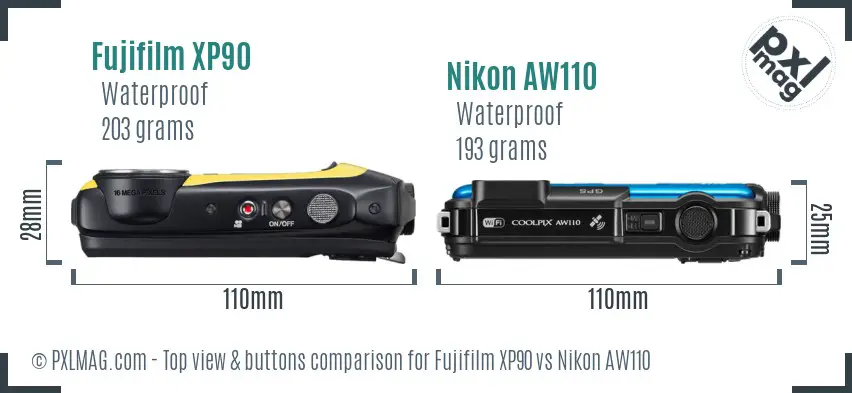 Fujifilm XP90 vs Nikon AW110 top view buttons comparison