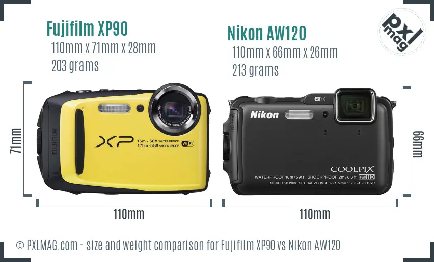 Fujifilm XP90 vs Nikon AW120 size comparison