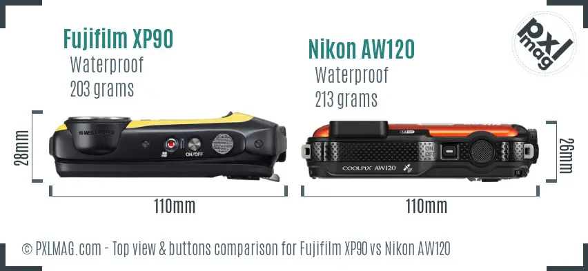Fujifilm XP90 vs Nikon AW120 top view buttons comparison