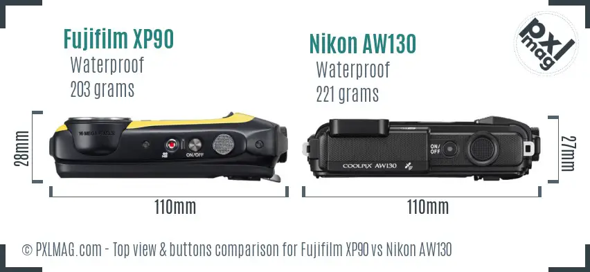 Fujifilm XP90 vs Nikon AW130 top view buttons comparison