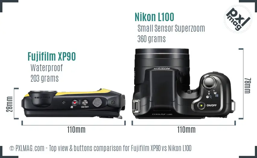 Fujifilm XP90 vs Nikon L100 top view buttons comparison