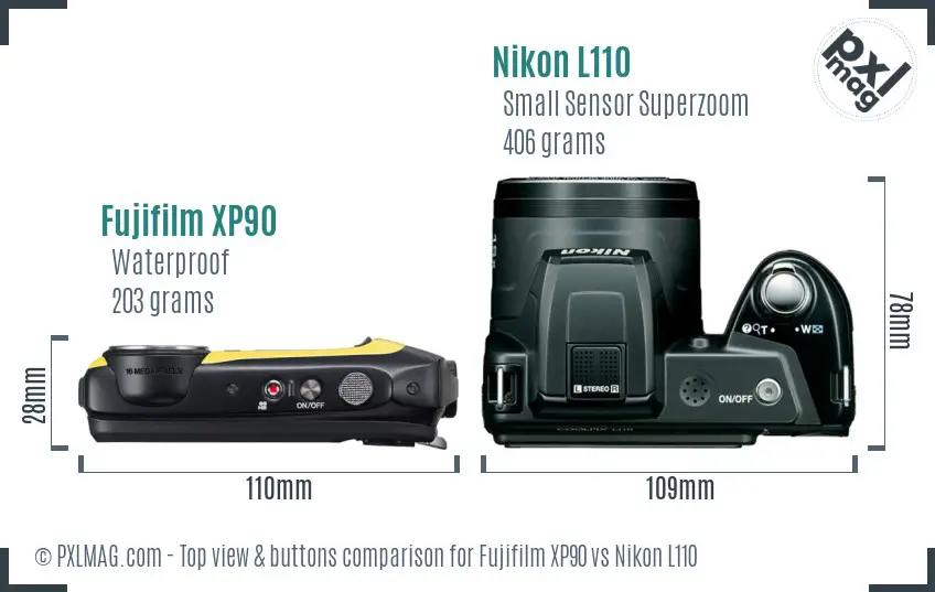 Fujifilm XP90 vs Nikon L110 top view buttons comparison