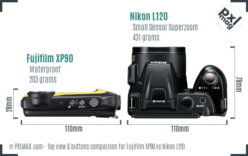 Fujifilm XP90 vs Nikon L120 top view buttons comparison
