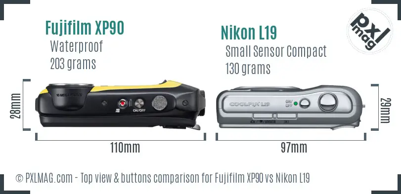 Fujifilm XP90 vs Nikon L19 top view buttons comparison Fujifilm XP90 vs Nikon L19 top view buttons comparison